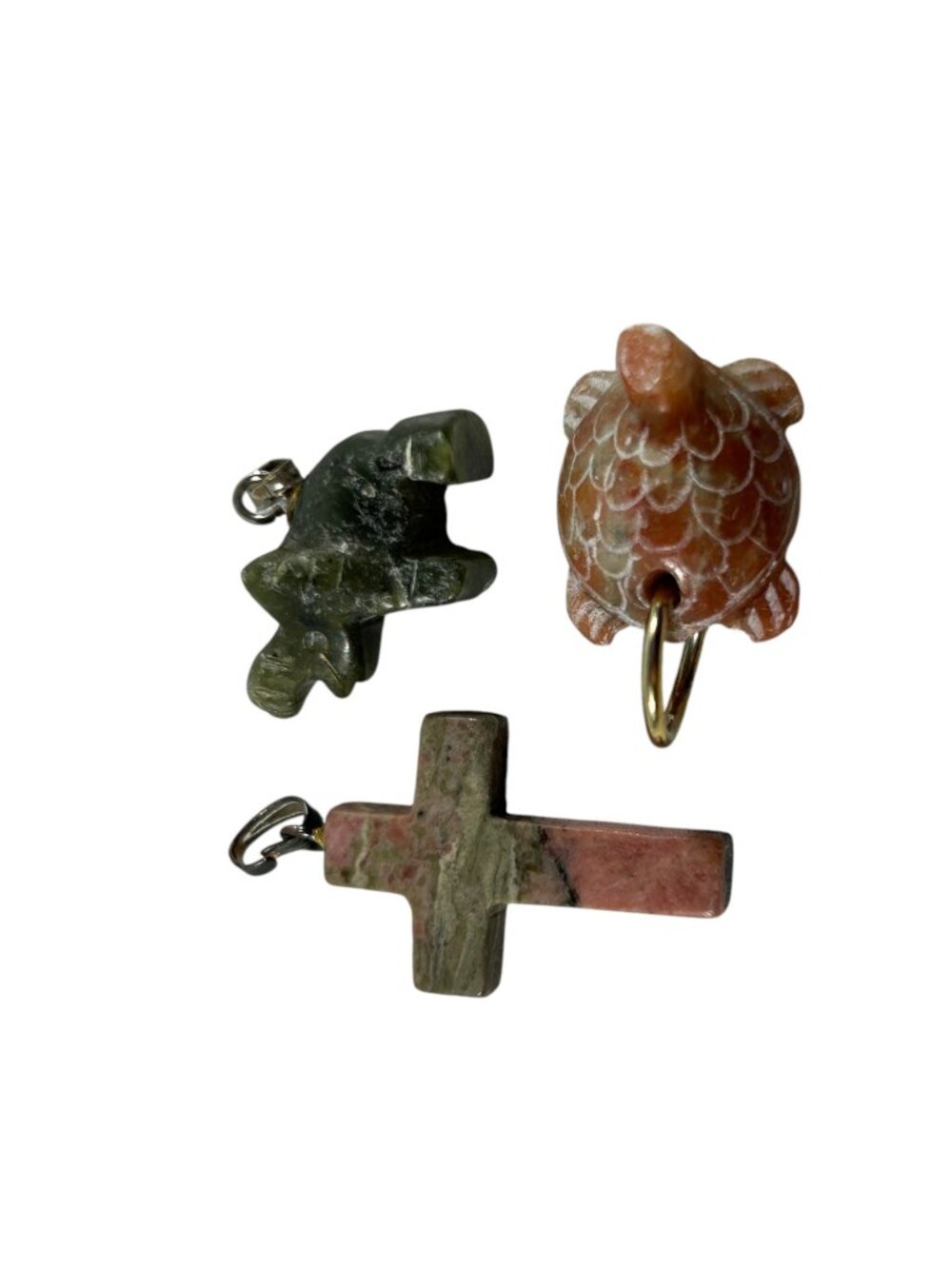 Lot 3 Carved Stone Pendants Charms Turtle Elephant Cross Natural